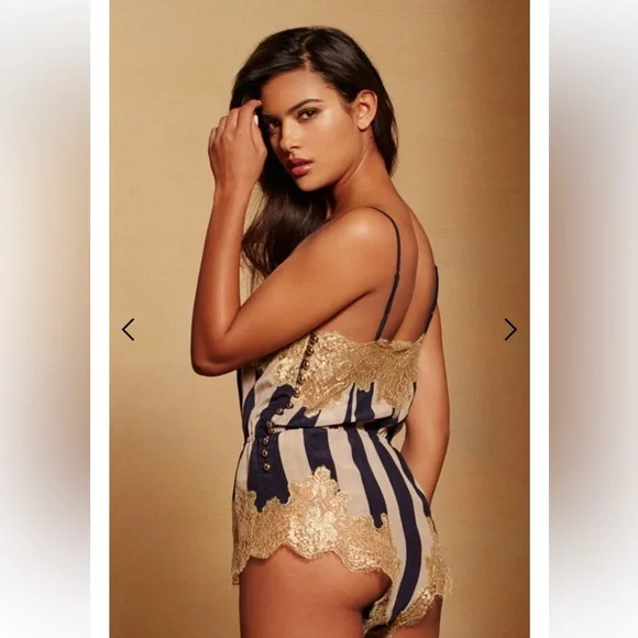 Rosamosario 100% Silk Bodysuit Playsuit Navy Cream Stripes Champagne Lace Silk - Picture 15 of 17